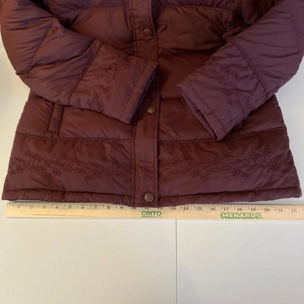 Down Puffer Jacket  Maroon Burgundy Embroidered Coat with Fur Trim - Picture 13 of 15